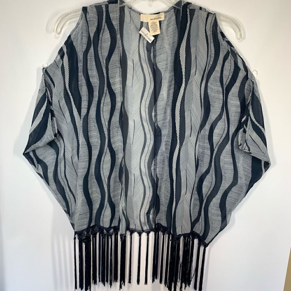 One Urban Day Womens Fringe Hem Open Sleeve Swim Cover Navy White Size Large NWT